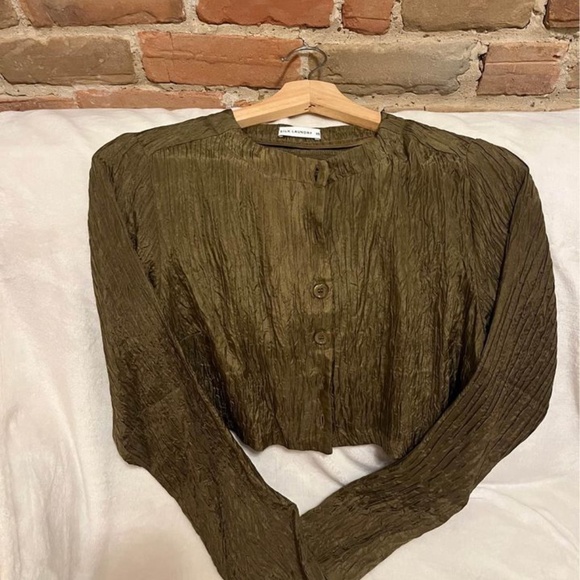 SILK LAUNDRY | Crinkle Collarless Shirt in Dark Earth - Picture 3 of 5